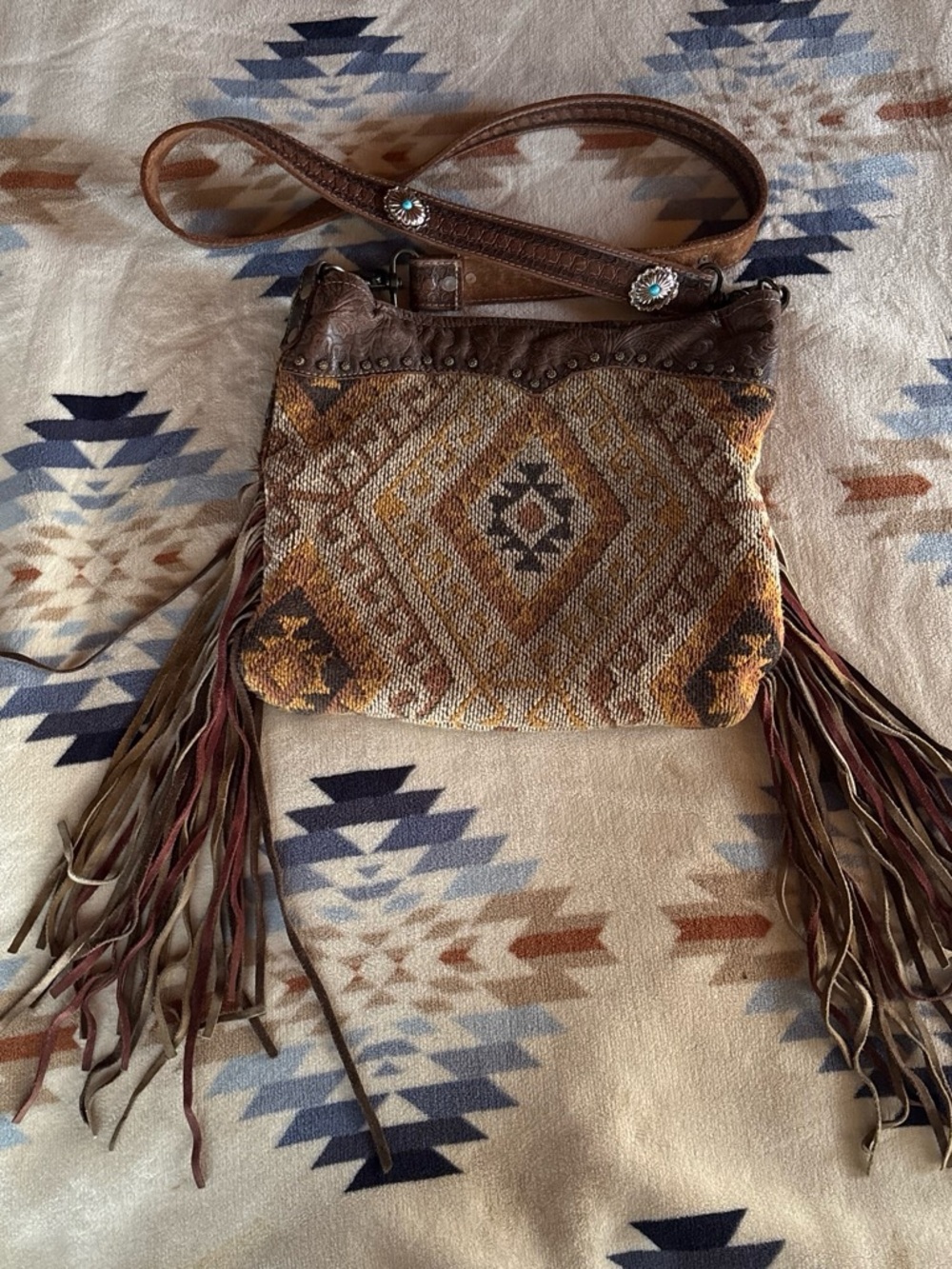Myra Bag Brown and Tan Boho Fringe Crossbody with Turquoise Accents